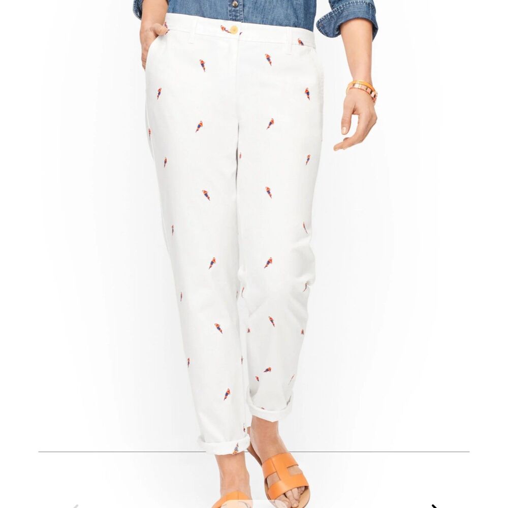 Talbots White Relaxed Chino Pants Sz 16p Parrots Novelty Beachy Resort Vacation